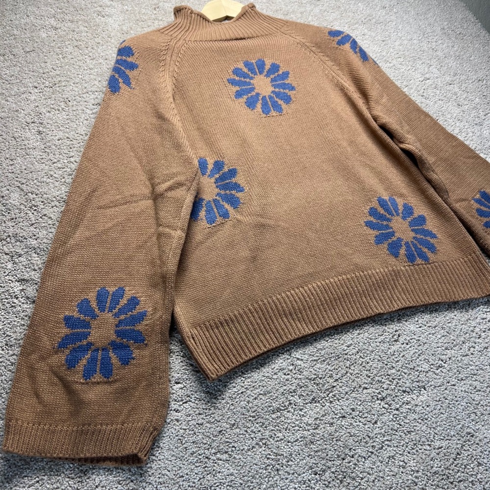 Brown Mock Neck Sweater Blue Floral Print‎ Long Sleeve Knit Boho Cottage Size S - Picture 10 of 10
